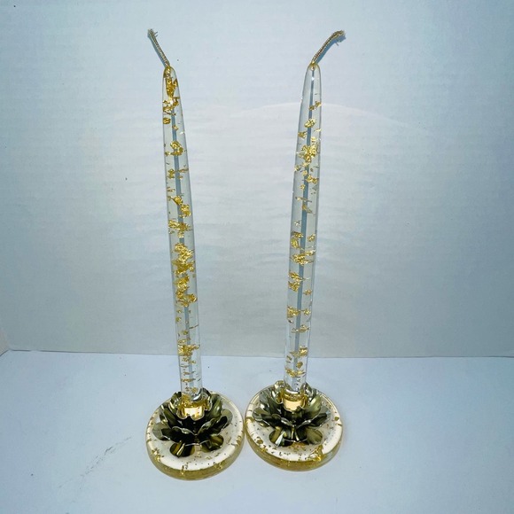 Lot 2 Lucite 12" Candles AND Candleholders gold flakes Enchanto Co of California - Picture 1 of 12